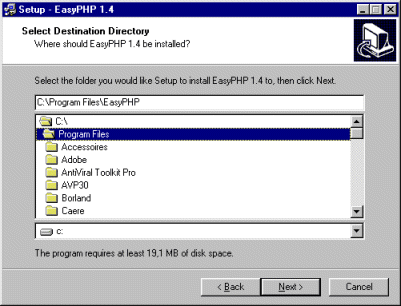installation de EasyPHP - choix du répertoire
