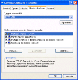 Onglet gestion de réseau - protocole PPTP