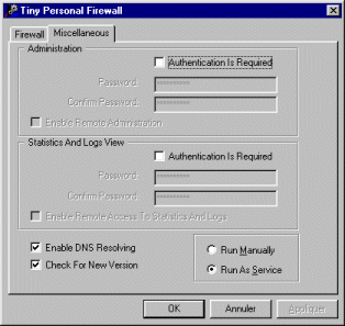 Tiny personal firewall offre la possibilité de protéger l'accès à la configuration par un mot de passe