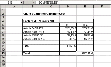 Résultat de la fonction somme